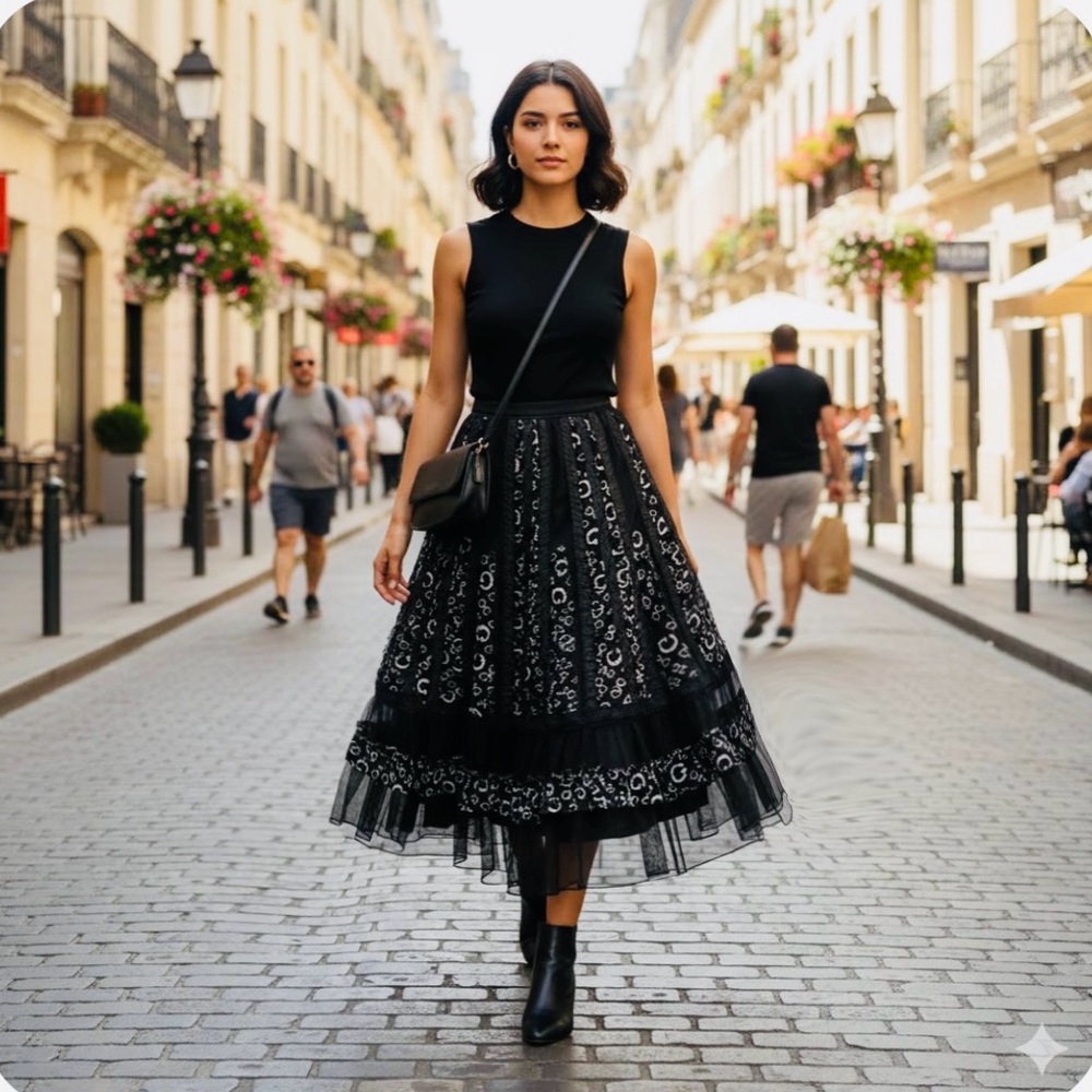 Vintage Black Ruffled Midi Skirt